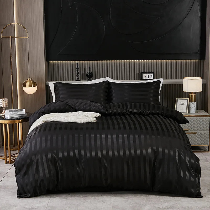 Luxuoso Conjunto de Roupa de Cama em Cetim às Riscas