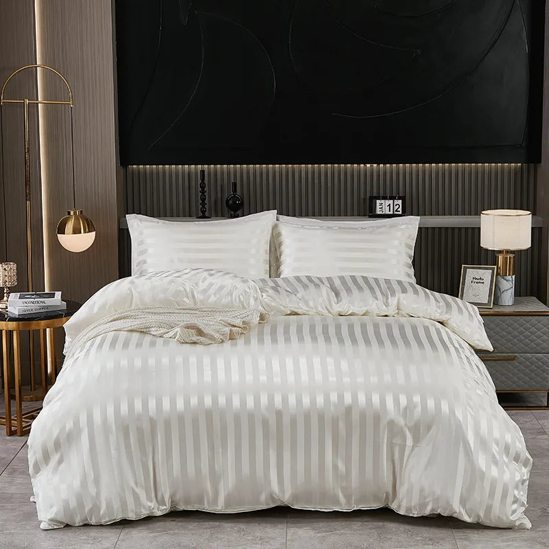 Luxuoso Conjunto de Roupa de Cama em Cetim às Riscas