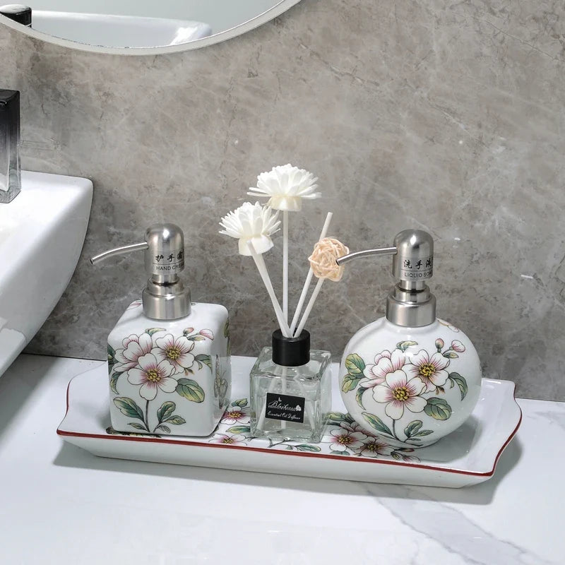 Elegante Doseador de Loção em Cerâmica Floral