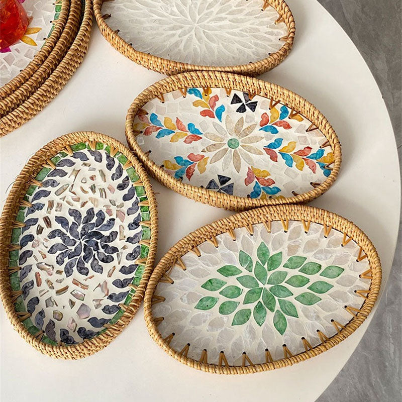 Tabuleiro de Servir Oval Luxe em Rattan e Madrepérola