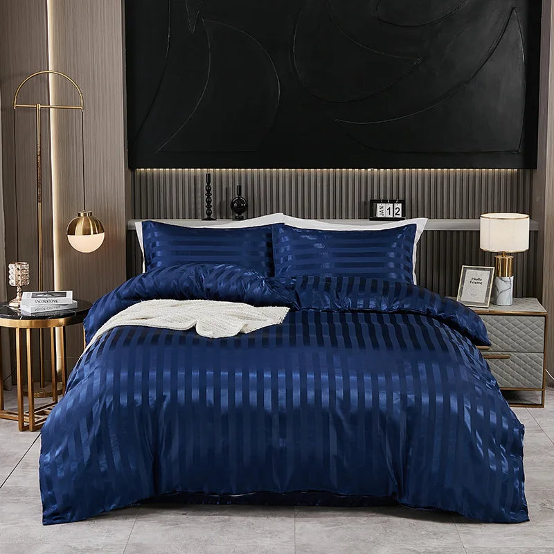 Luxuoso Conjunto de Roupa de Cama em Cetim às Riscas