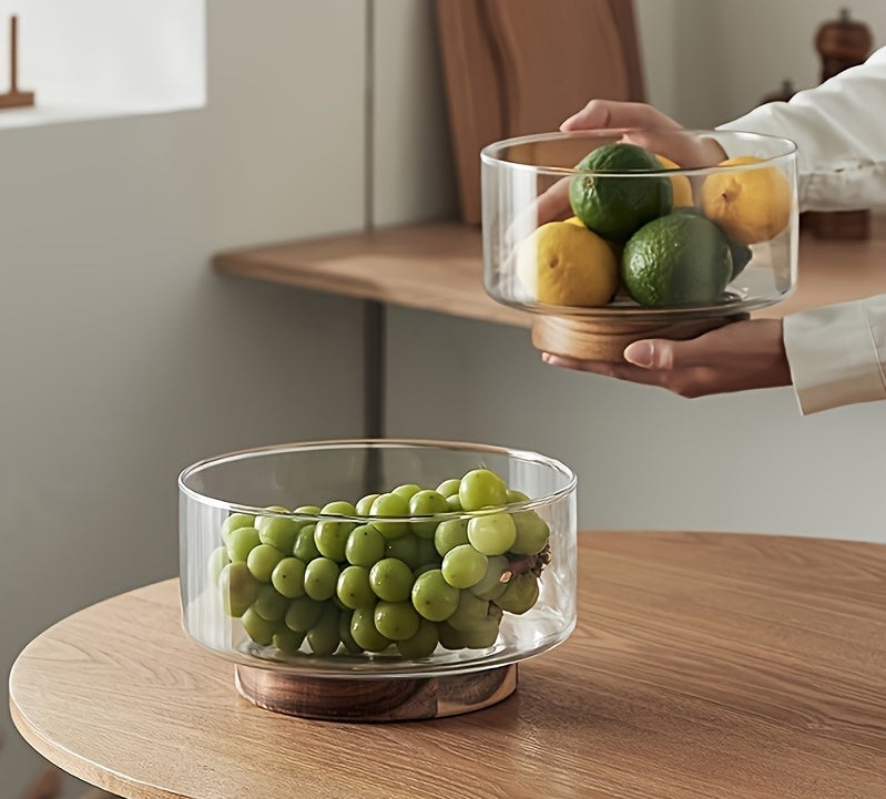 Taça Nórdica em Vidro para Fruta e Salada com Base de Madeira