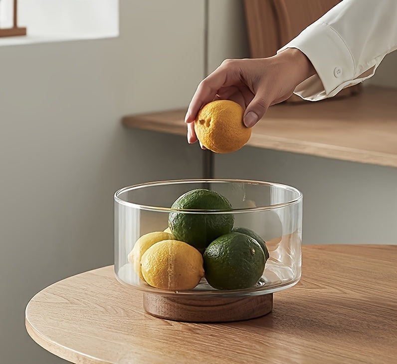Taça Nórdica em Vidro para Fruta e Salada com Base de Madeira