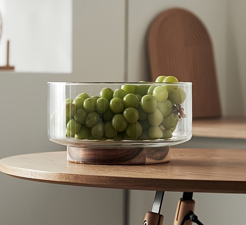 Taça Nórdica em Vidro para Fruta e Salada com Base de Madeira