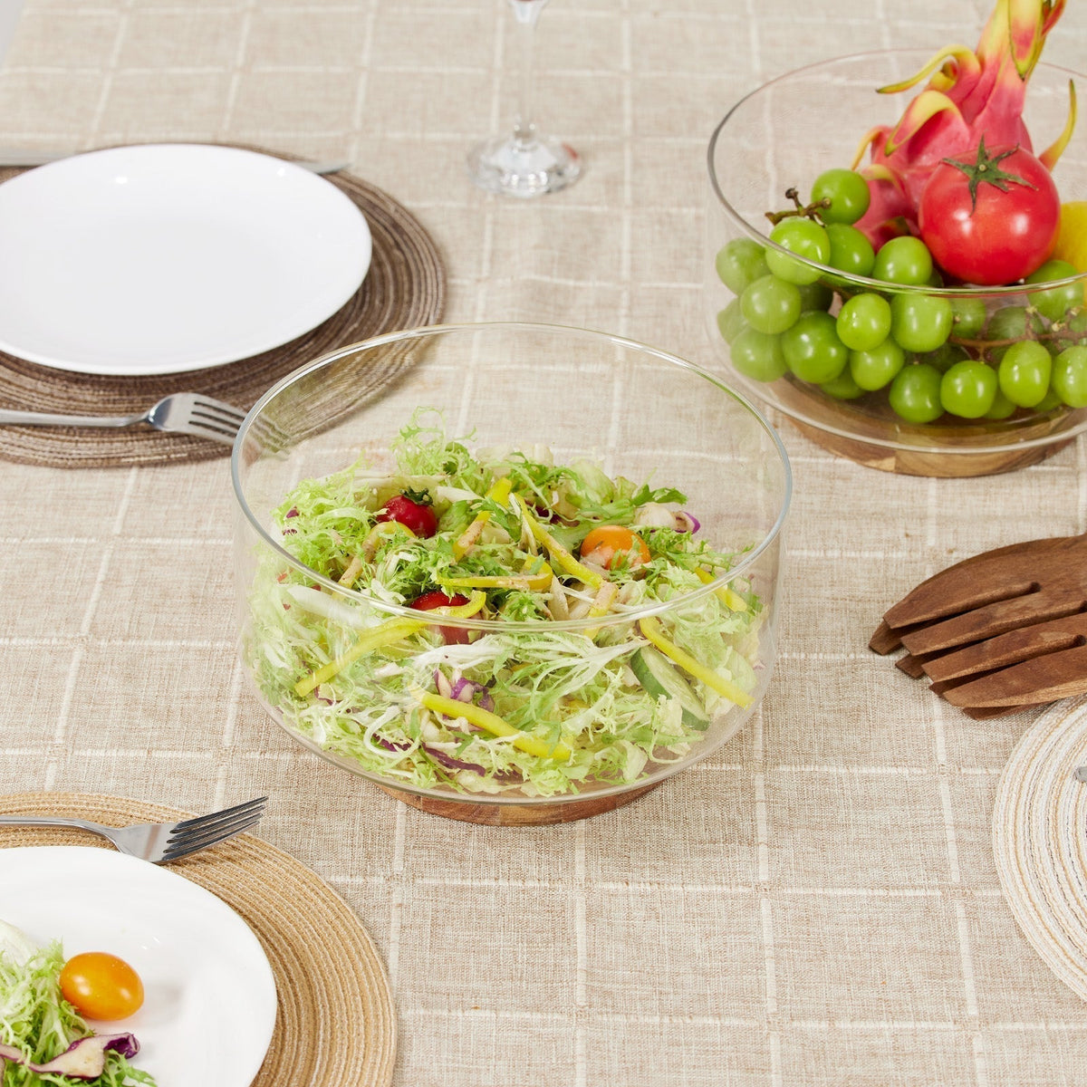 Taça Nórdica em Vidro para Fruta e Salada com Base de Madeira