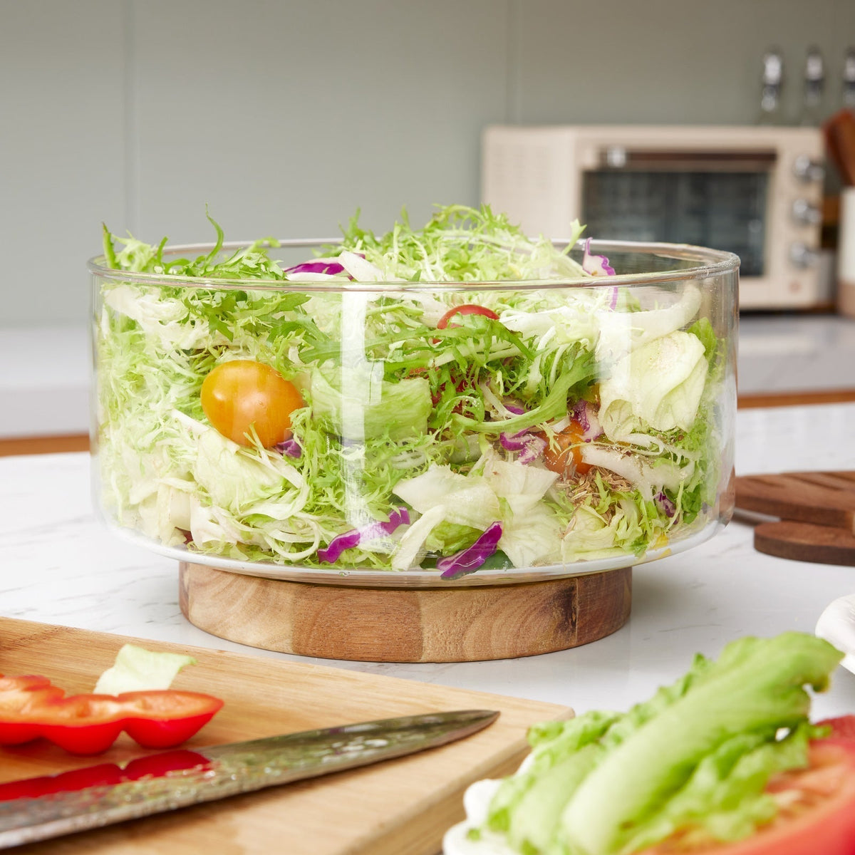 Taça Nórdica em Vidro para Fruta e Salada com Base de Madeira