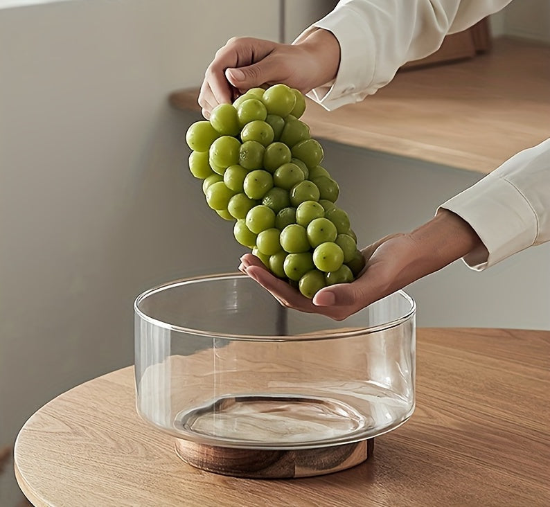 Taça Nórdica em Vidro para Fruta e Salada com Base de Madeira