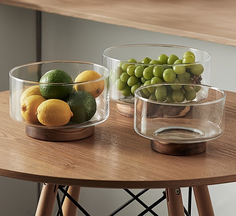 Taça Nórdica em Vidro para Fruta e Salada com Base de Madeira